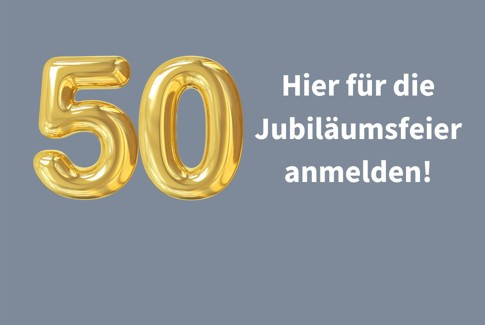 Zahl 50 in Gold und der Text, sich anzumelden 
&copy; erstellt mit Canva